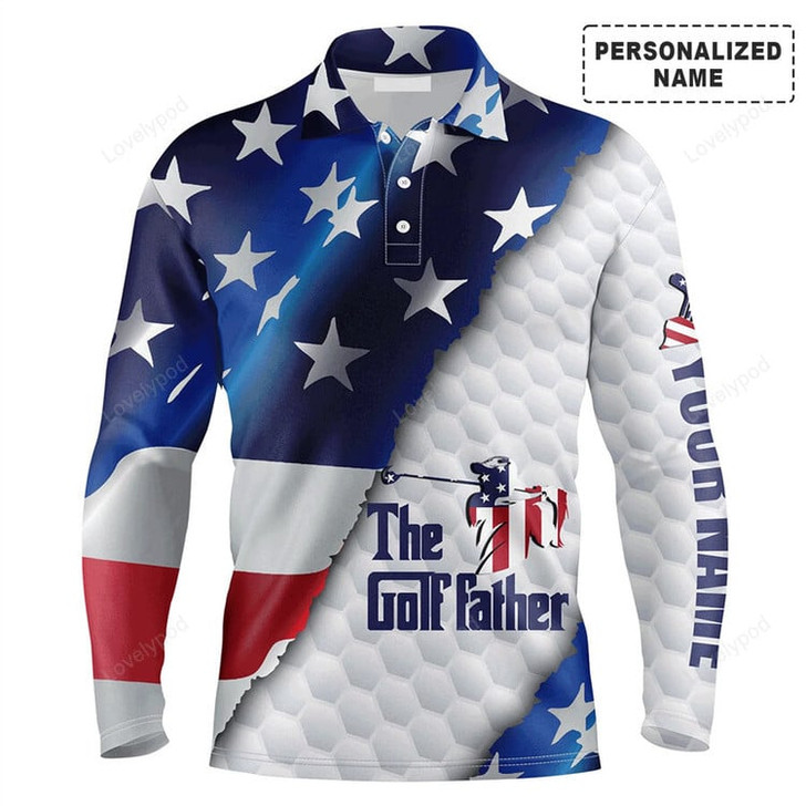 FUNSTUFFPRINT Custom Golf Long Sleeve Men Polo Shirt - Custom Name American Flag, The Golf Father Men Polo Shirt