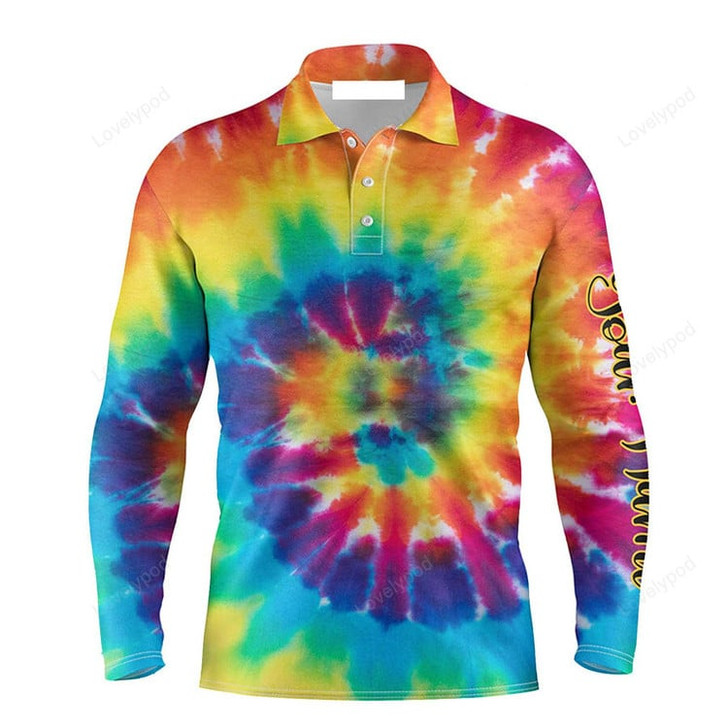 FUNSTUFFPRINT Custom Golf Long Sleeve Men Polo Shirt - Colorful Tie Dye Background Custom Name Golf Men Polo Shirt