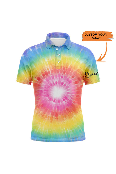 Custom Golf Men Polo Shirt - Rainbow Coloured Tie Dye Painted Pattern Custom Name Apparel - Personalized Gift For Golf Lover, Team, Male Players, Golfer
