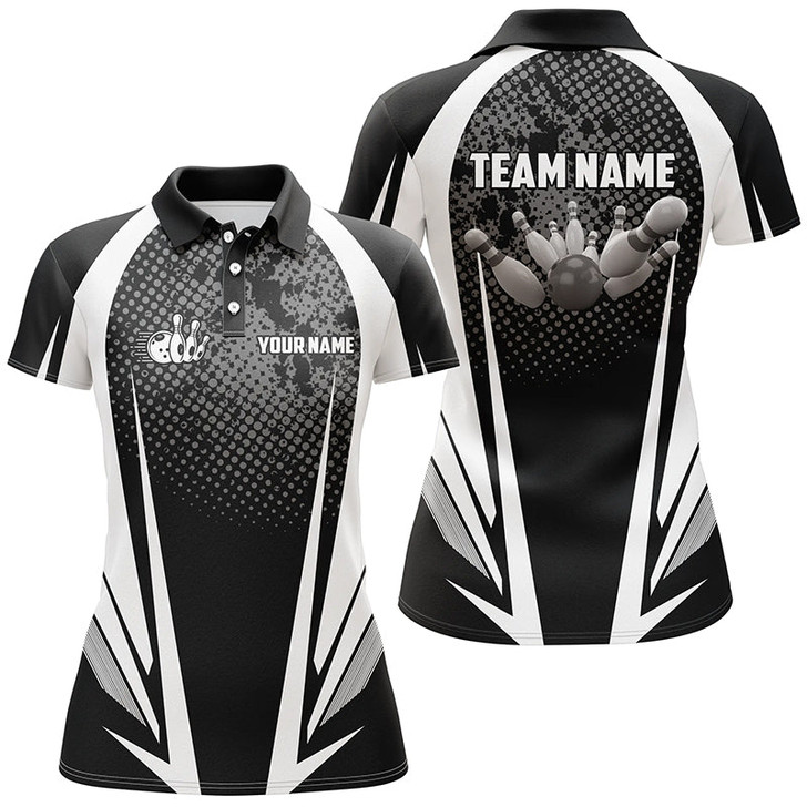 Custom Women's Bowling Polo Shirt Custom Bowling Ball And Pins Black And White Team Ladies Bowlers Jerseys