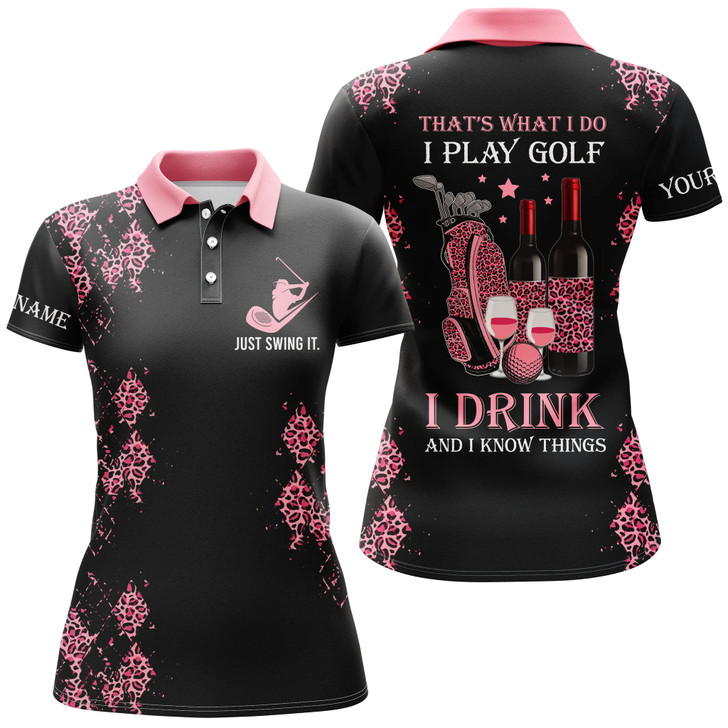 Custom Pink Leopard Womens Golf Polo Shirts Custom Name Funny Golf Wine That's What I Do, I Play Golf