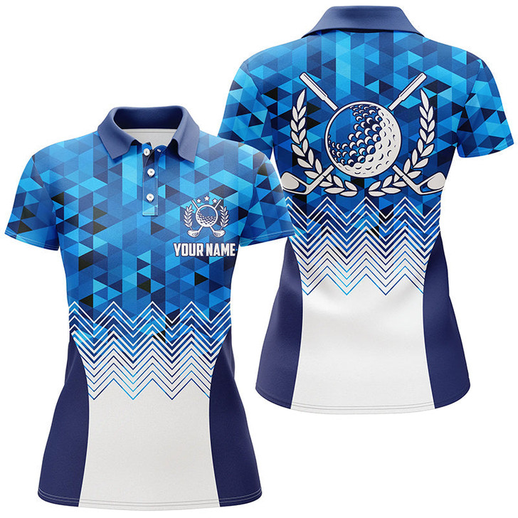 Custom Womens Blue Geometric Golf Polos Custom Triangle Pattern Golf Shirts For Women Cool Golf Gift