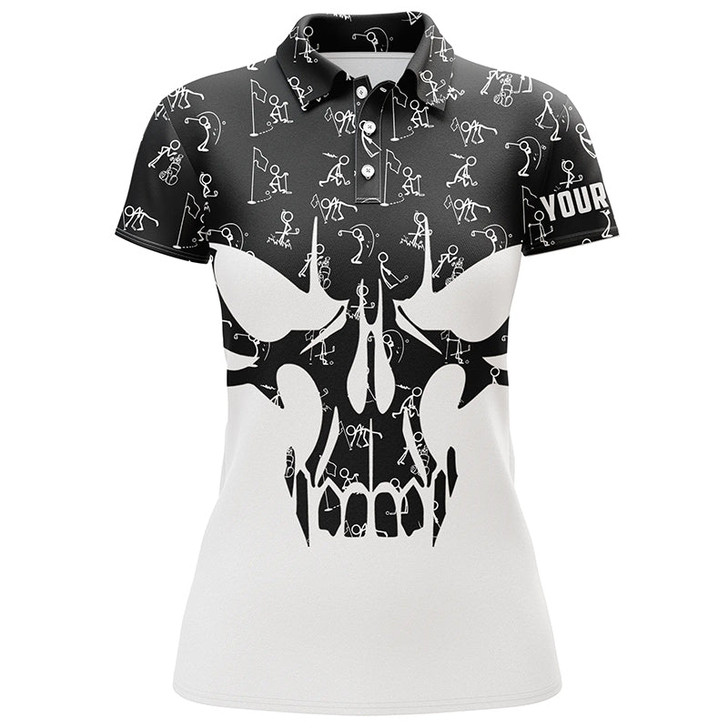 Custom Black And White Womens Golf Polo Shirts Custom Funny Skull Golf Pattern Shirts For Ladies, Golf Gifts
