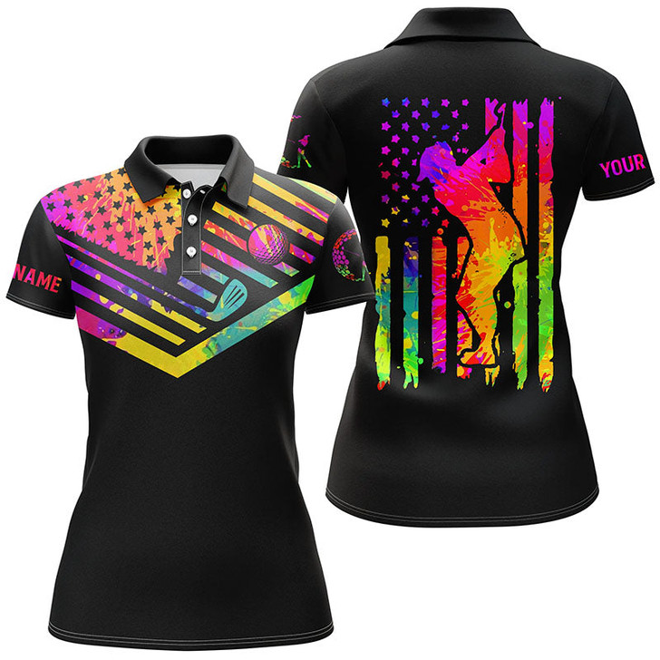 Custom Womens Golf Polo Shirt Watercolor American Flag Custom Name Black Womens Golf Shirt, Golfer Gifts