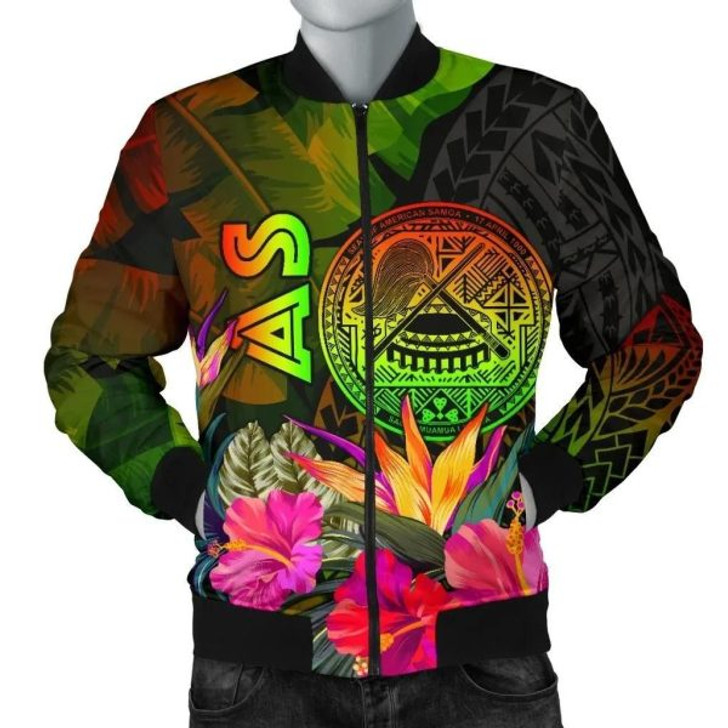 FUNSTUFFPRINT American Samoa Polynesian Men’s Bomber Jacket – Hibiscus and Banana Leaves – BN15 Bomber Jacket 3D Bomber Jacket