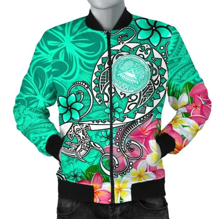 FUNSTUFFPRINT American Samoa Polynesian Men’s Bomber Jacket – Turtle Plumeria (Turquoise) – BN18 Bomber Jacket 3D Bomber Jacket