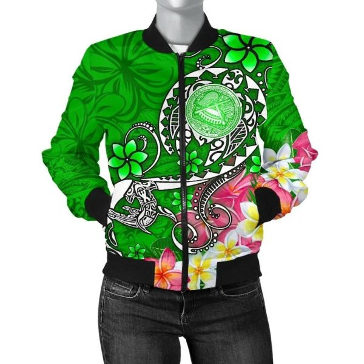 FUNSTUFFPRINT American Samoa Polynesian Women’s Bomber Jacket – Turtle Plumeria (Green) – BN18 Bomber Jacket 3D Bomber Jacket