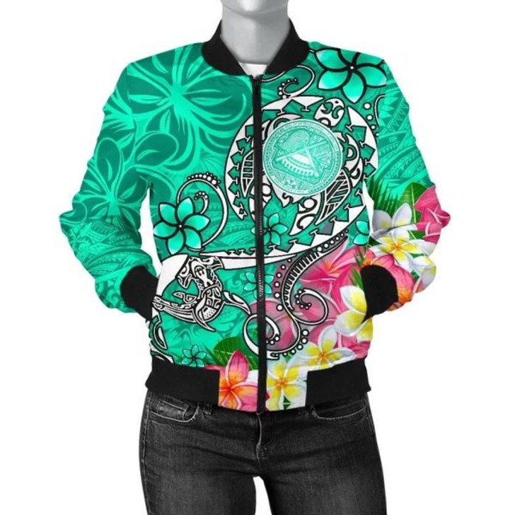 FUNSTUFFPRINT Bomber Jacket American Samoa Polynesian – Turtle Plumeria (Turquoise) – BN18 Bomber Jacket 3D Bomber Jacket