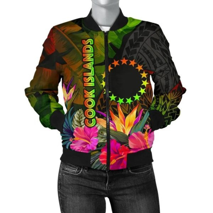 FUNSTUFFPRINT Bomber Jacket Cook Islands Polynesian – Hibiscus and Banana Leaves – BN15 Bomber Jacket 3D Bomber Jacket