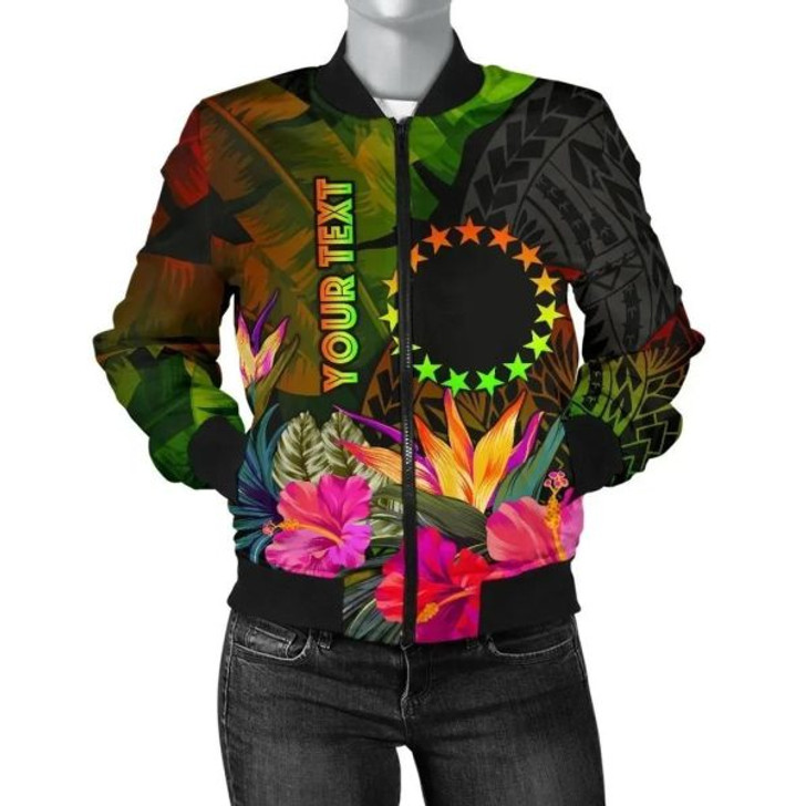 FUNSTUFFPRINT Bomber Jacket Cook Islands Polynesian Personalised – Hibiscus and Banana Leaves 3D Bomber Jacket
