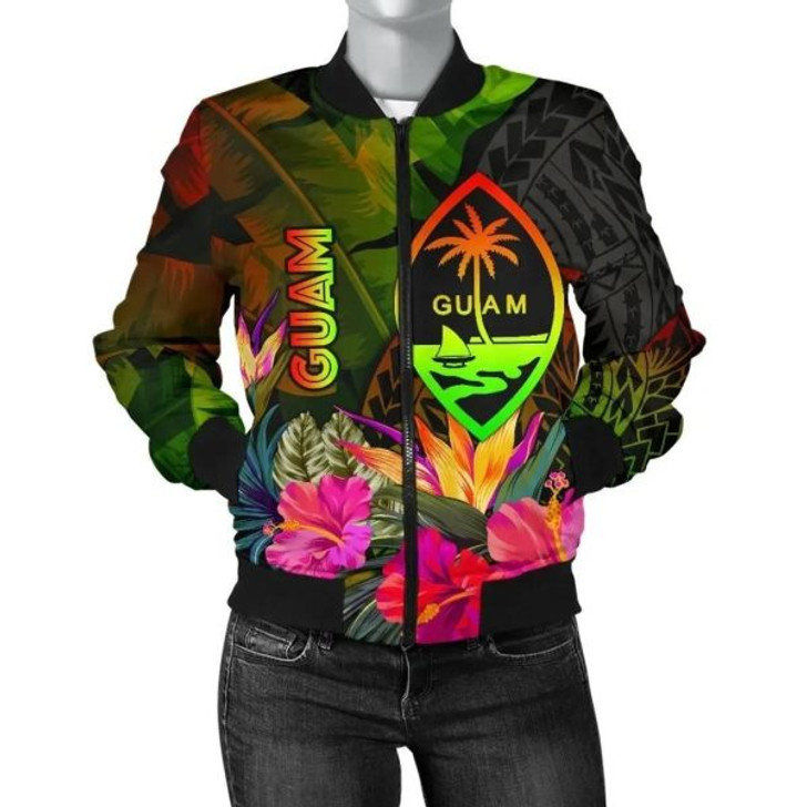 FUNSTUFFPRINT Bomber Jacket Guam Polynesian – Hibiscus and Banana Leaves 3D Bomber Jacket