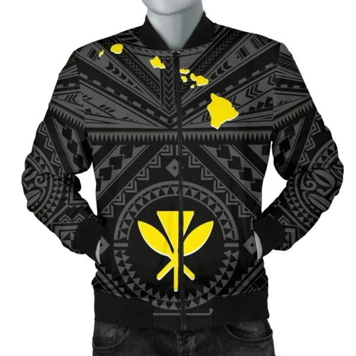 FUNSTUFFPRINT Bomber Jacket Hawaii – Hawaii Kanaka Maoli And Map ( Black) 3D Bomber Jacket