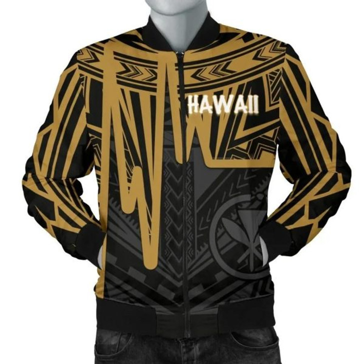 FUNSTUFFPRINT Bomber Jacket Hawaii – Kanaka Maoli With Polynesian Pattern In Heartbeat Style (Gold) 3D Bomber Jacket