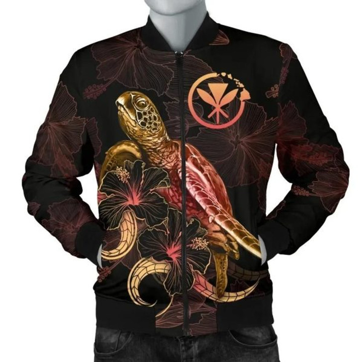 FUNSTUFFPRINT Bomber Jacket Hawaii Polynesian – Turtle With Blooming Hibiscus Gold 3D Bomber Jacket