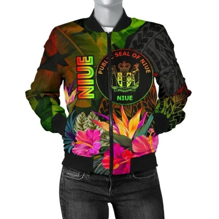 FUNSTUFFPRINT Bomber Jacket Niue Polynesian – Hibiscus and Banana Leaves 3D Bomber Jacket