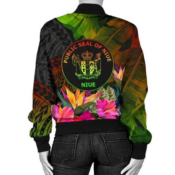 FUNSTUFFPRINT Bomber Jacket Niue Polynesian – Hibiscus and Banana Leaves 3D Bomber Jacket