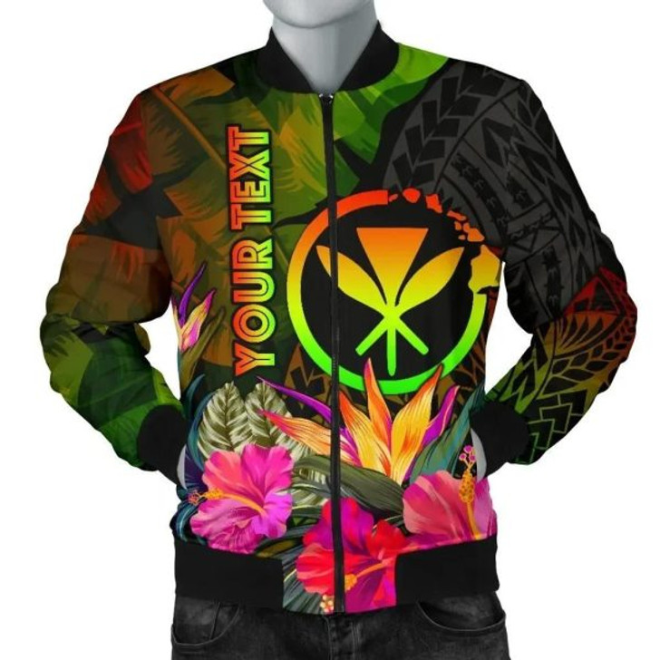 FUNSTUFFPRINT Bomber Jacket Polynesian Hawaii Kanaka Maoli Polynesian Personalised – Hibiscus and Banana Leaves 3D Bomber Jacket