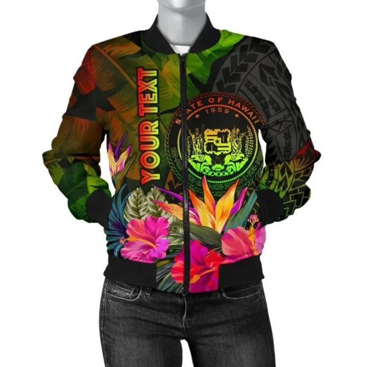 FUNSTUFFPRINT Bomber Jacket Polynesian Hawaii Polynesian Personalised – Hibiscus and Banana Leaves 3D Bomber Jacket