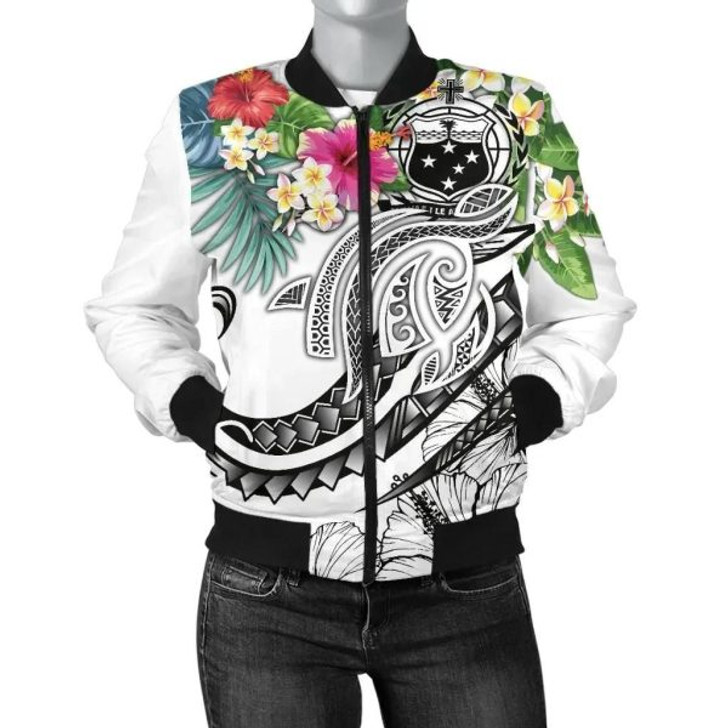 FUNSTUFFPRINT Bomber Jacket Polynesian Samoa – Summer Plumeria (White) 3D Bomber Jacket