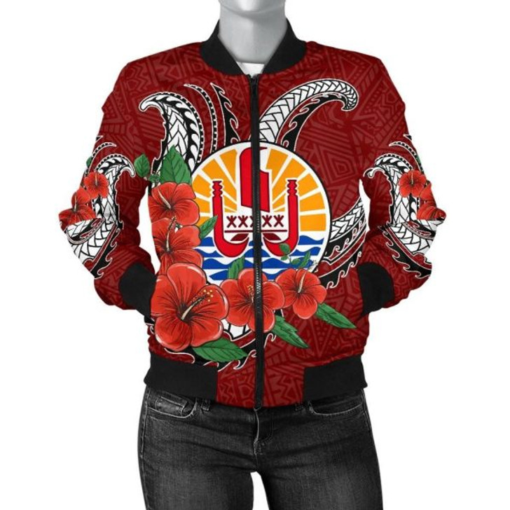 FUNSTUFFPRINT Bomber Jacket Tahiti Polynesian Hibiscus Coat of Arm Red 3D Bomber Jacket