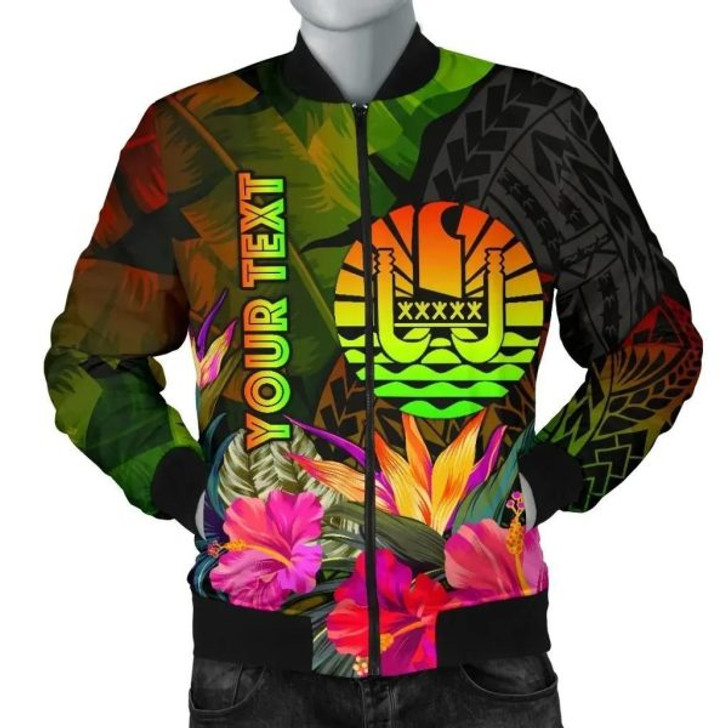 FUNSTUFFPRINT Bomber Jacket Tahiti Polynesian Personalised – Hibiscus and Banana Leaves 3D Bomber Jacket