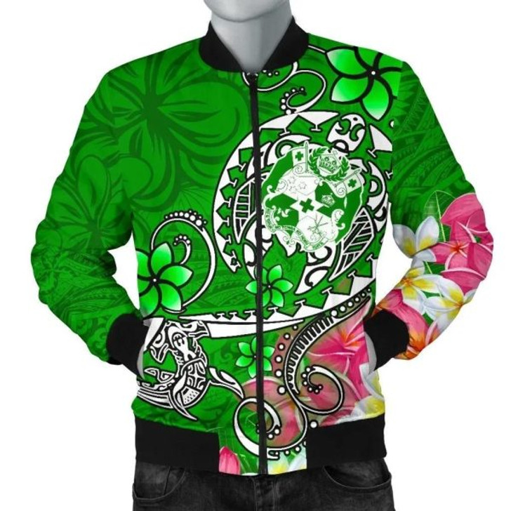 FUNSTUFFPRINT Bomber Jacket Tonga – Turtle Plumeria (Green) 3D Bomber Jacket