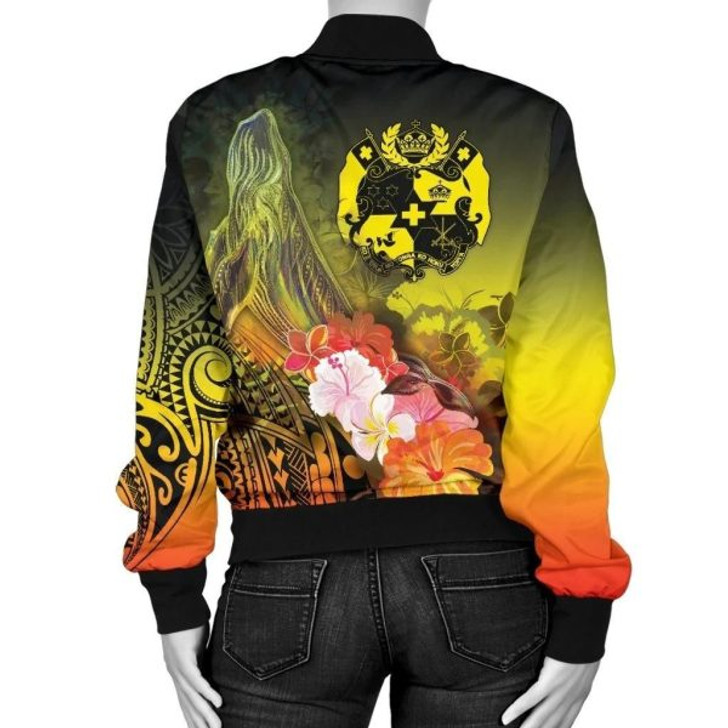 FUNSTUFFPRINT Bomber Jacket Tonga Custom Personalised – Humpback Whale with Tropical Flowers (Yellow) 3D Bomber Jacket