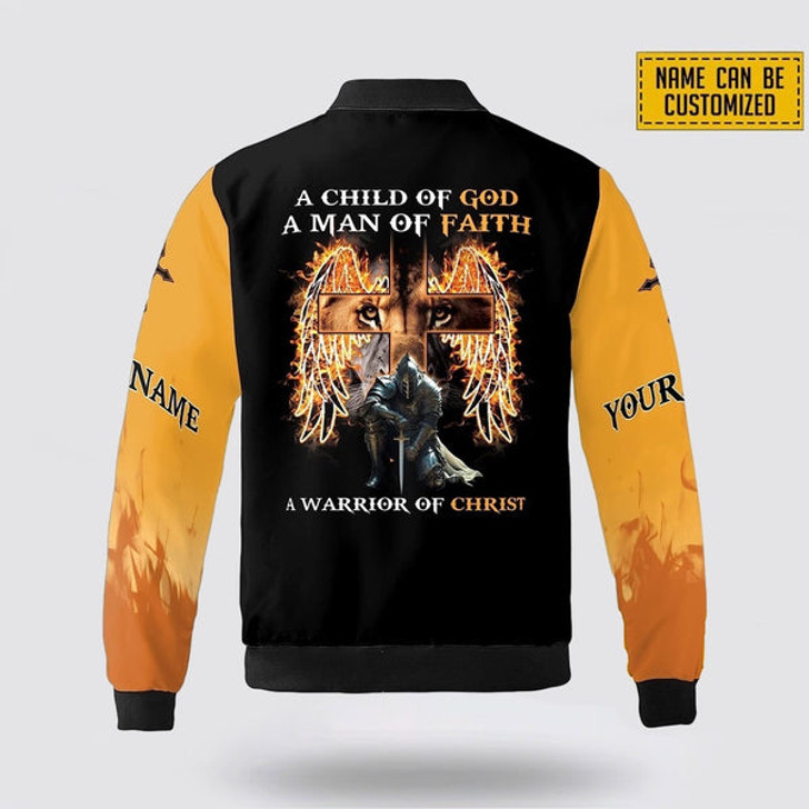 FUNSTUFFPRINT Custom Name A Child Of God A Man Of Faith A Warrior Of Christ Bomber Jacket For Men Women 3D Bomber Jacket
