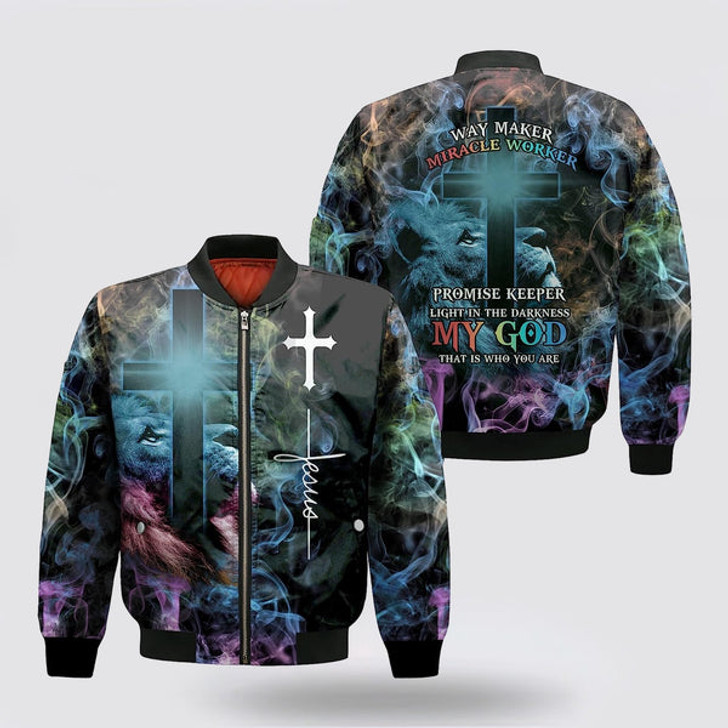 FUNSTUFFPRINT Way Maker Miracle Worker Jesus Lion Cross Bomber Jacket - Jesus Shirt for Men Women 3D Bomber Jacket