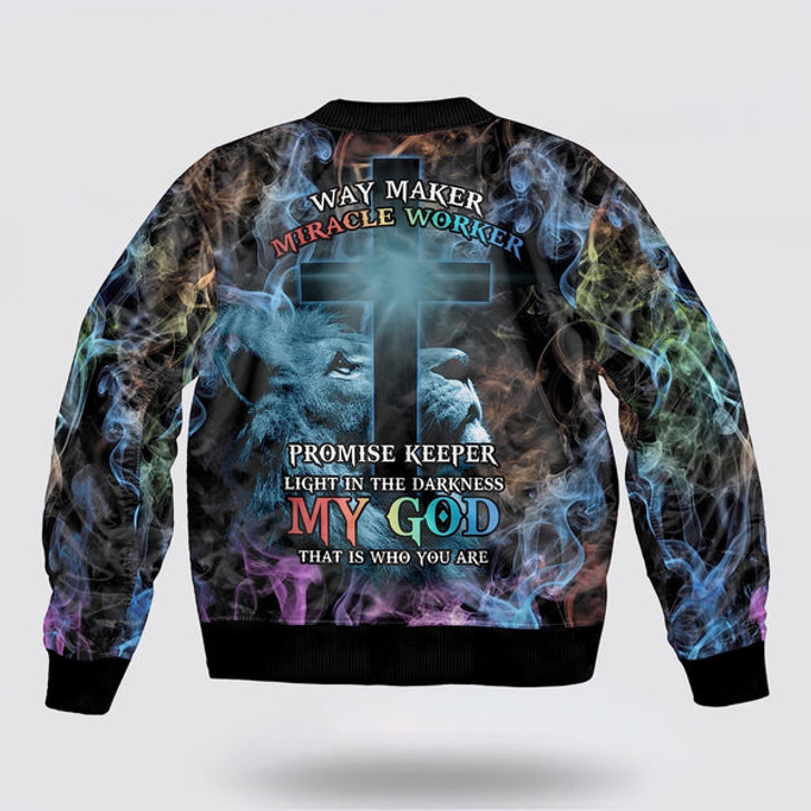 FUNSTUFFPRINT Way Maker Miracle Worker Jesus Lion Cross Bomber Jacket - Jesus Shirt for Men Women 3D Bomber Jacket