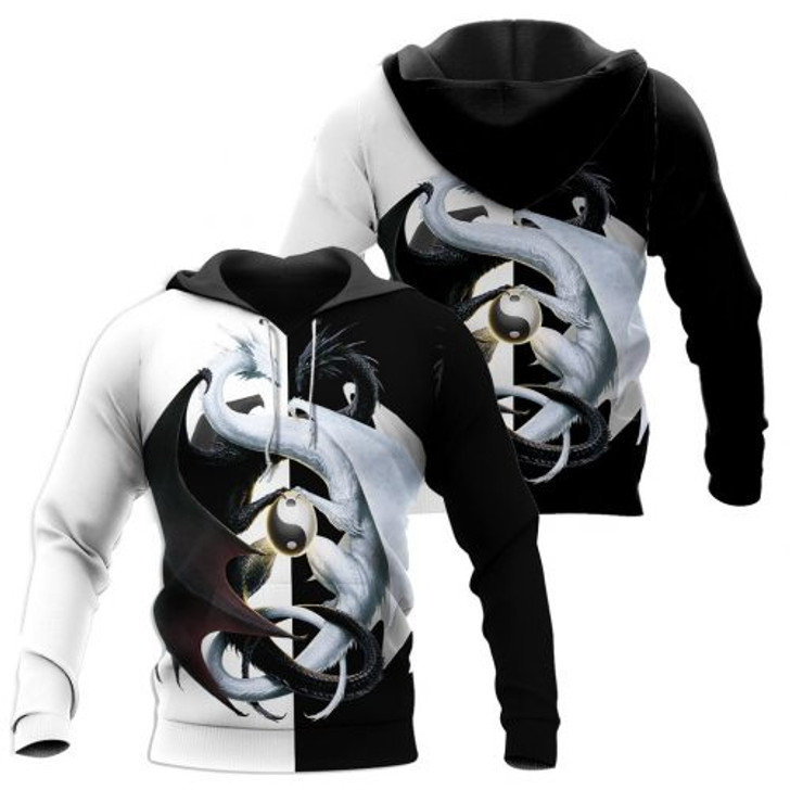 FUNSTUFFPRINT Dragon Couple Yin Yang 3D All Over Hoodie Black And White  3D Hoodie and Zip Hoodie