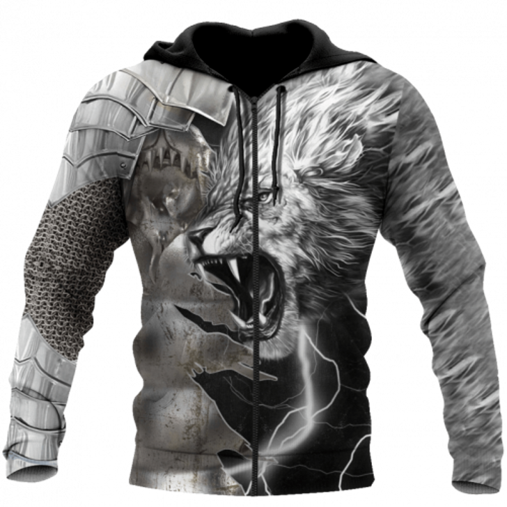 FUNSTUFFPRINT Lion Warrior Armor 3D All Over Printed Viking   3D Hoodie and Zip Hoodie