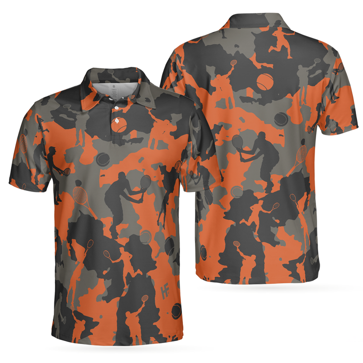Orange Camouflage Tennis Polo Shirt, Tennis Player Silhouette Pattern Polo Shirt, Camo Golf Shirt For Men