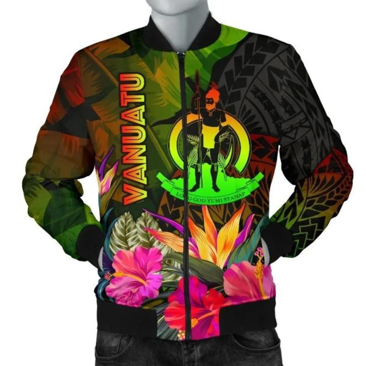 FUNSTUFFPRINT Bomber Jacket Vanuatu Polynesian – Hibiscus and Banana Leaves – Summer Hibiscus 3D Bomber Jacket