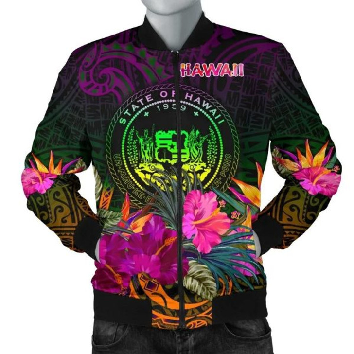FUNSTUFFPRINT Polynesian Hawaii Men’s Bomber Jacket – Summer Hibiscus 3D Bomber Jacket