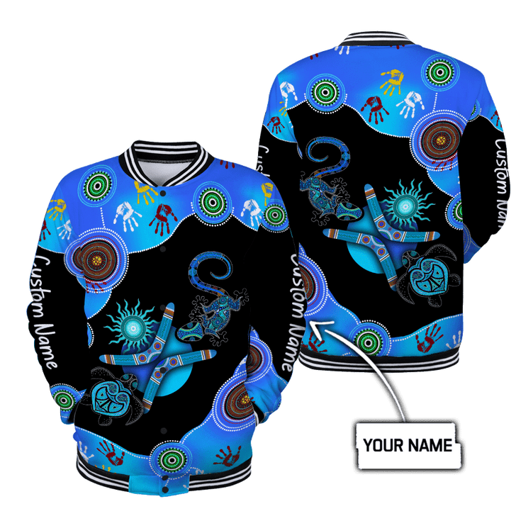FUNSTUFFPRINT Custom name Aboriginal Naidoc Week Blue Turtle Lizard 3D Baseball Jacket S3VJ-10037