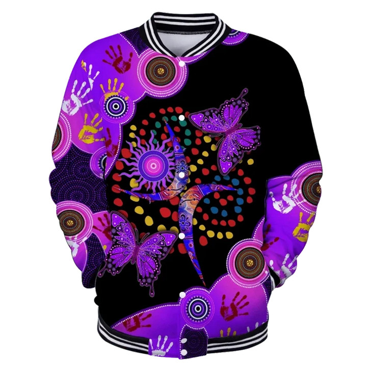 FUNSTUFFPRINT Aboriginal Naidoc Week 2021 Purple Butterflies Baseball Jacket For Men And Women 3D Baseball Jacket S3VJ-10073