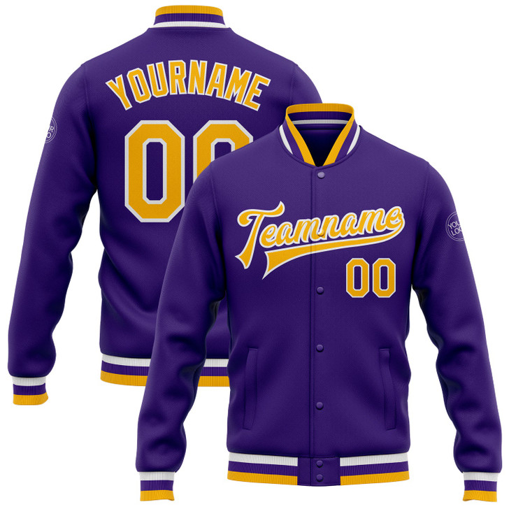 FUNSTUFFPRINT Custom Purple Gold-White Bomber Full-Snap Varsity Letterman Jacket 3D Baseball Jacket
