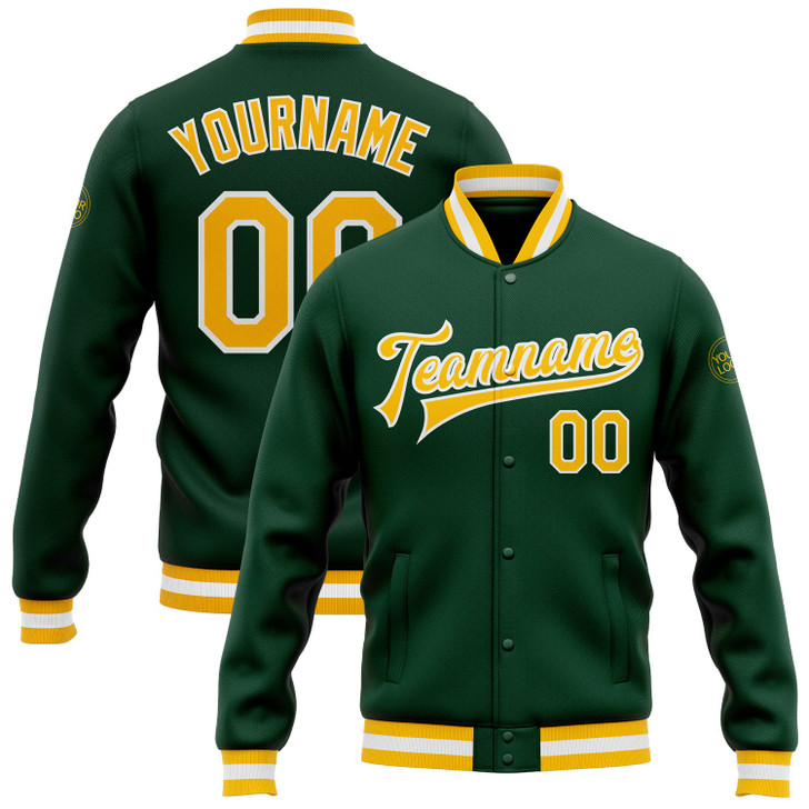 FUNSTUFFPRINT Custom Green Gold-White Bomber Full-Snap Varsity Letterman Jacket 3D Baseball Jacket