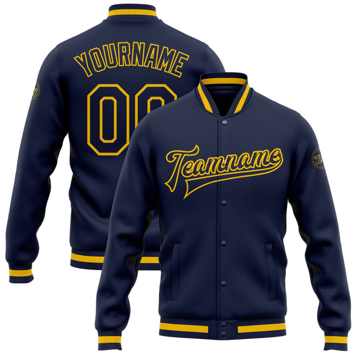 FUNSTUFFPRINT Custom Navy Navy-Gold Bomber Full-Snap Varsity Letterman Jacket 3D Baseball Jacket
