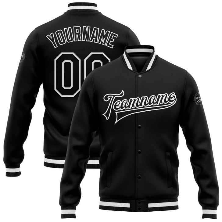 FUNSTUFFPRINT Custom Black Black-White Bomber Full-Snap Varsity Letterman Jacket 3D Baseball Jacket