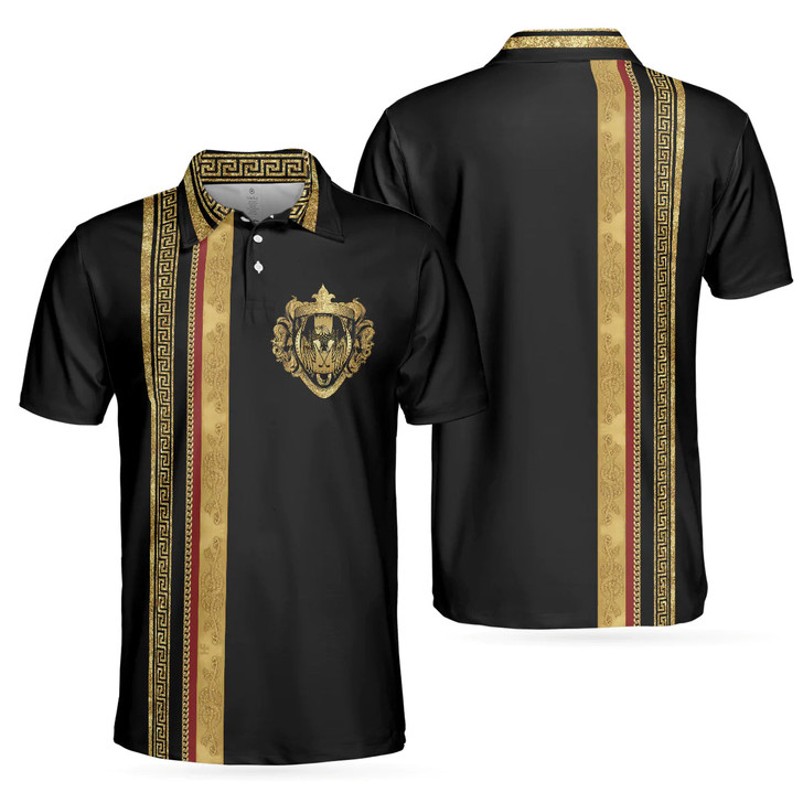 Men Polo Shirt - Luxury Baroque Pattern Golf Polo Shirt - Golden Greek Key Pattern Polo Shirt, Best Golf Shirt For Men