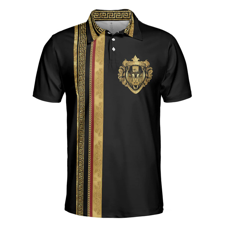 Men Polo Shirt - Luxury Baroque Pattern Golf Polo Shirt - Golden Greek Key Pattern Polo Shirt, Best Golf Shirt For Men