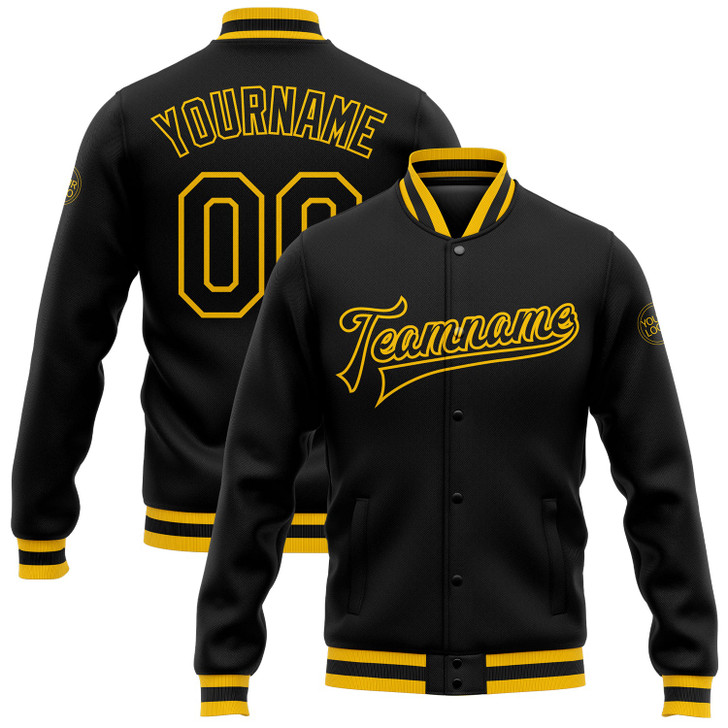 FUNSTUFFPRINT Custom Black Black-Gold Bomber Full-Snap Varsity Letterman Jacket 3D Baseball Jacket