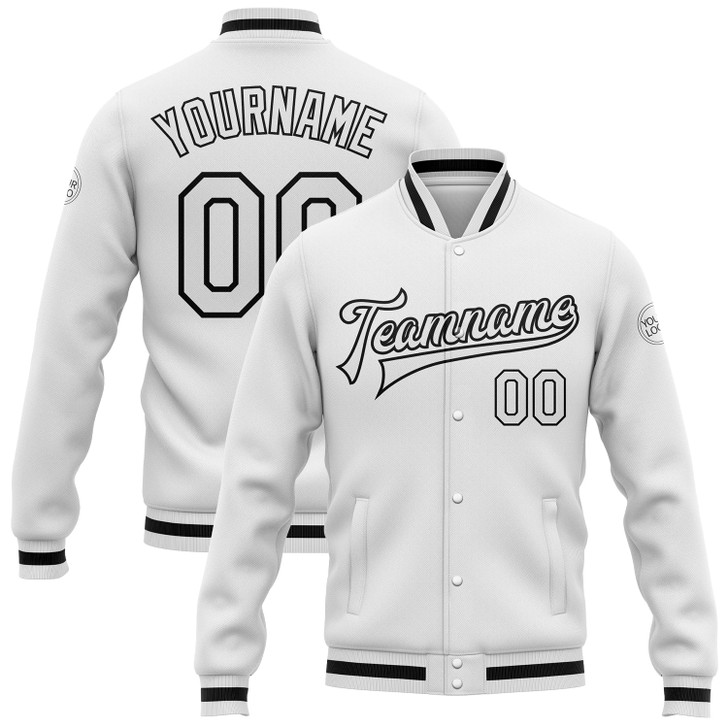 FUNSTUFFPRINT Custom White White-Black Bomber Full-Snap Varsity Letterman Jacket 3D Baseball Jacket