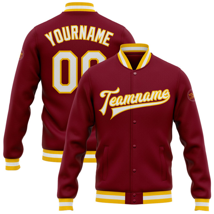 FUNSTUFFPRINT Custom Crimson White-Gold Bomber Full-Snap Varsity Letterman Jacket 3D Baseball Jacket