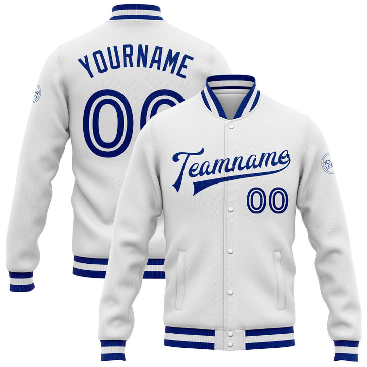 FUNSTUFFPRINT Custom White White-Royal Bomber Full-Snap Varsity Letterman Jacket 3D Baseball Jacket