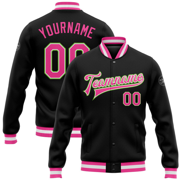 FUNSTUFFPRINT Custom Black Pink-Neon Green Bomber Full-Snap Varsity Letterman Jacket 3D Baseball Jacket