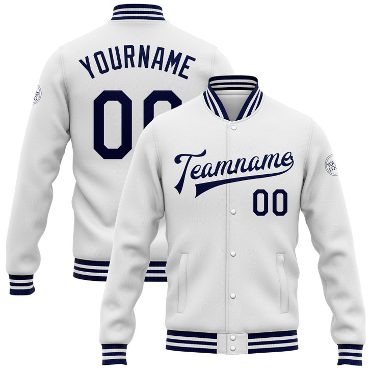 FUNSTUFFPRINT Custom White Navy Bomber Full-Snap Varsity Letterman Jacket 3D Baseball Jacket