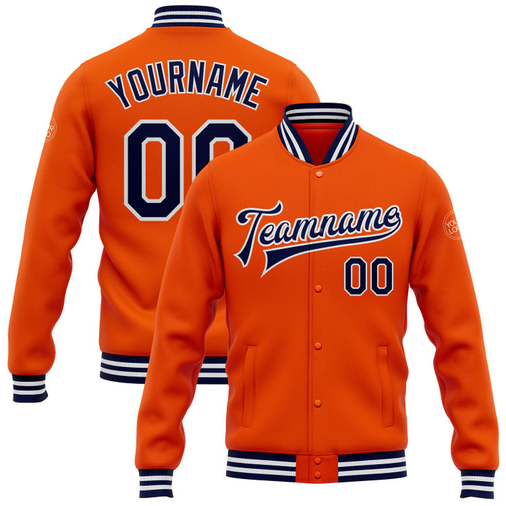 FUNSTUFFPRINT Custom Orange Navy-White Bomber Full-Snap Varsity Letterman Jacket 3D Baseball Jacket